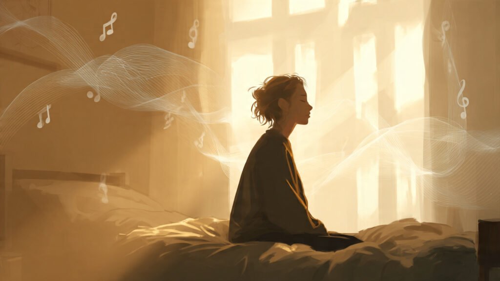 Spiritual meaning of waking up with a song, woman sitting in bed with musical notes in the air,