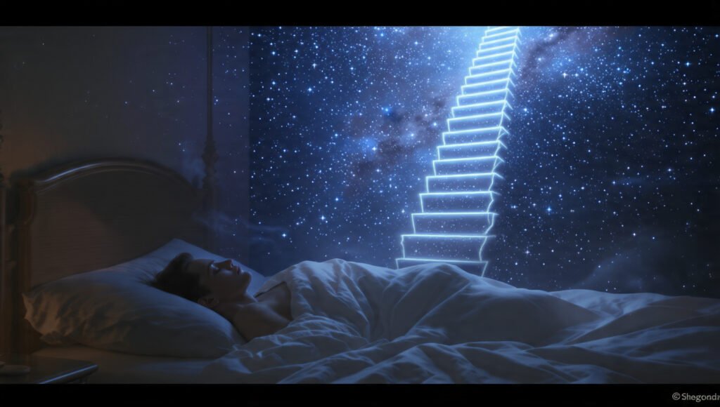 person sleeping peacefully, with a translucent "Jacob's Ladder" or soft, glowing stairs ascending from the bed