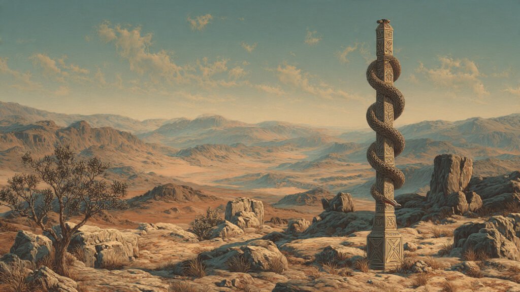 Artistic depiction of the Bronze Serpent (Nehushtan) on a pole in the desert