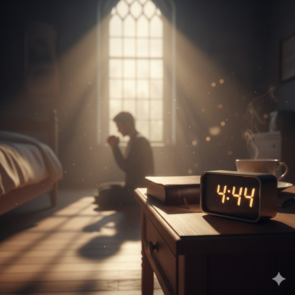 A digital clock showing 4:44 with soft, ethereal golden light glowing behind it, symbolizing a spiritual call to prayer.