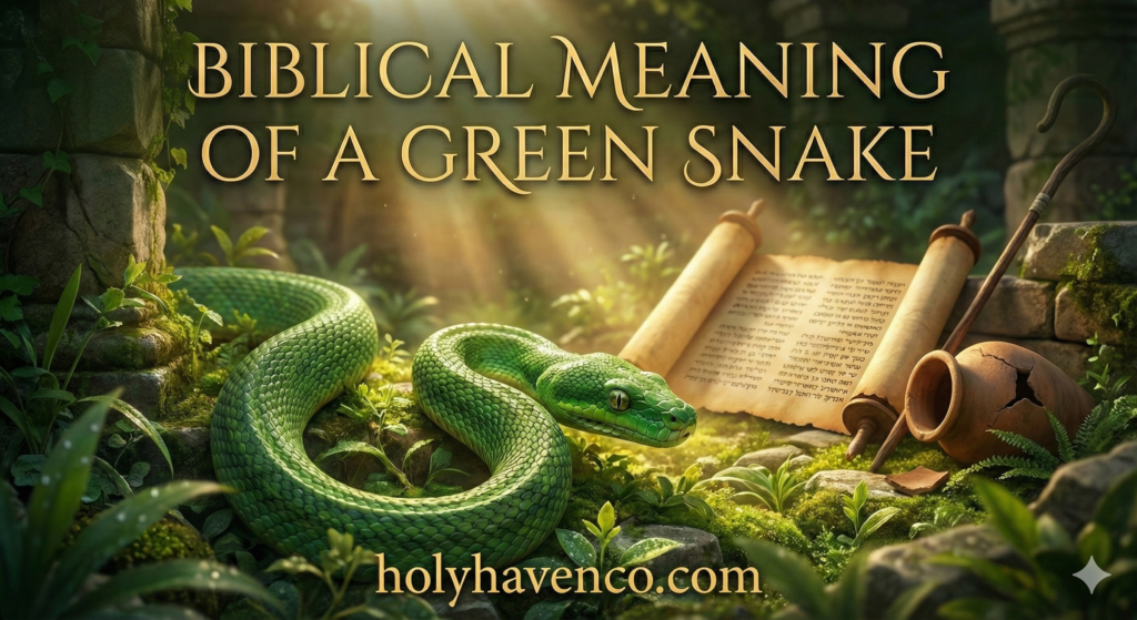 A vibrant green snake slithering through ruins near an ancient scroll and clay pot, representing the biblical meaning of a green snake in dreams.