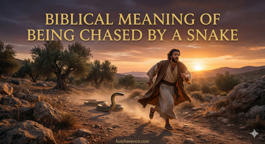 A man in biblical robes running on a dusty path looking back at a snake, symbolizing the biblical meaning of being chased by a snake in dreams.