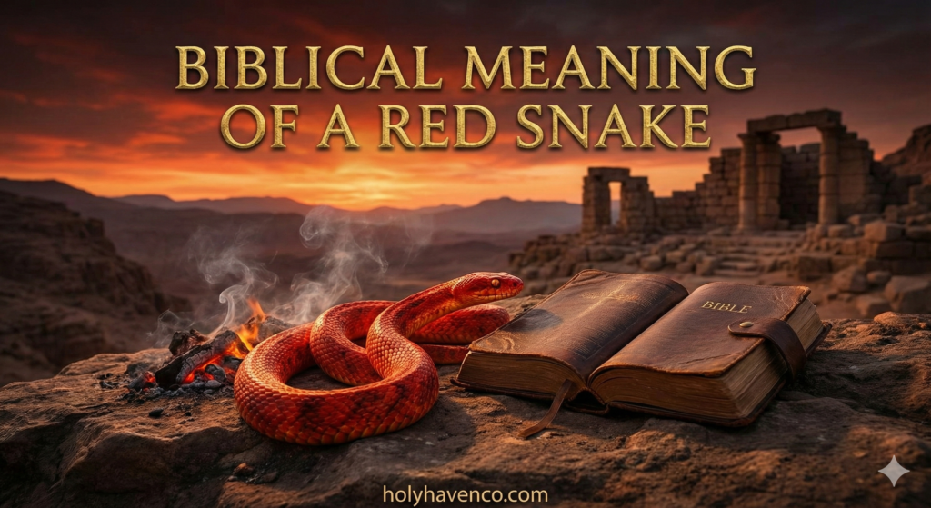 A vivid red snake striking near glowing embers and an open Bible, symbolizing the biblical meaning of a red snake in dreams.