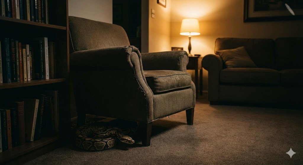 A coiled snake hiding under an armchair in a dimly lit living room, representing the biblical meaning of hidden spiritual enemies within the house