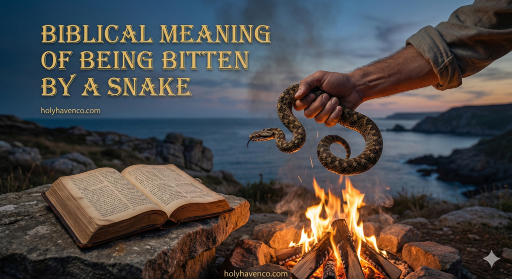 A cinematic image of a hand shaking a viper into a fire, representing the biblical meaning of being bitten by a snake and the protection of Acts 28.