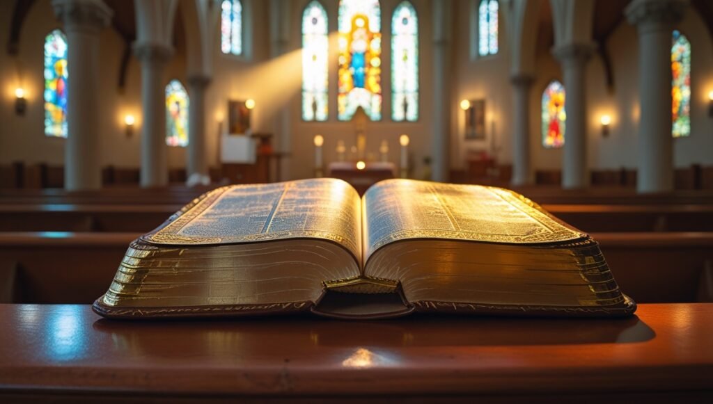 Peaceful open Bible in church light