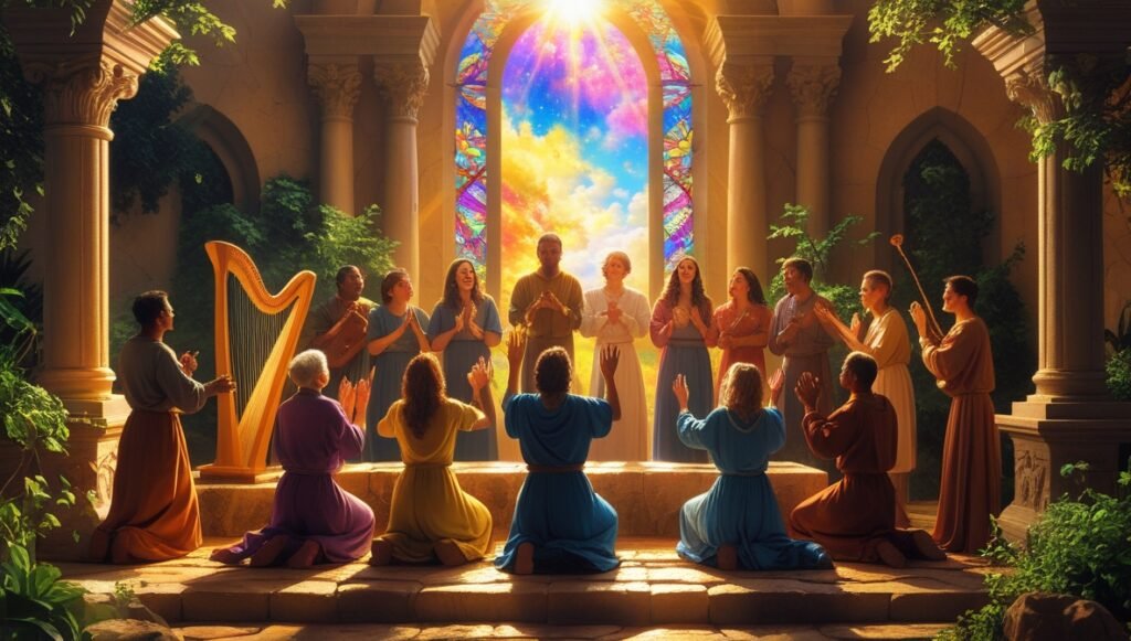 people worshiping in a circle. praise and worship