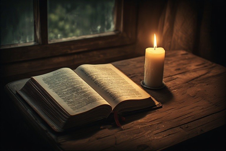 A Bible open to the Psalms a single candle burning beside it on a dark wooden table