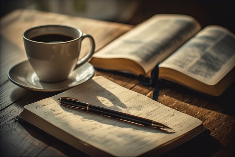 A journal open to a blank page with a pen resting on it