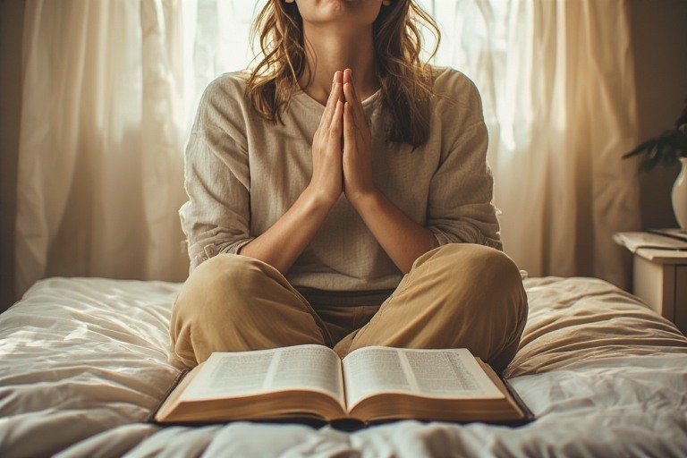 a person sitting up in bed with folded hands