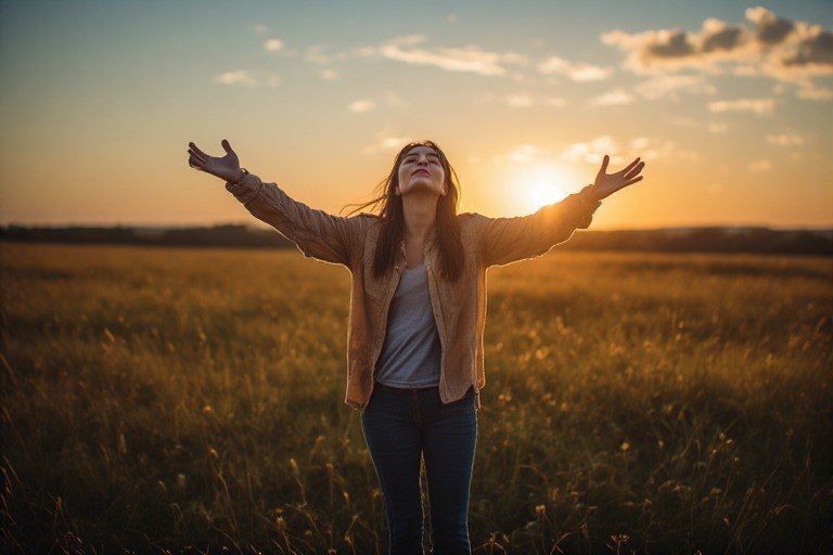 A person standing confidently in an open field at golden hour