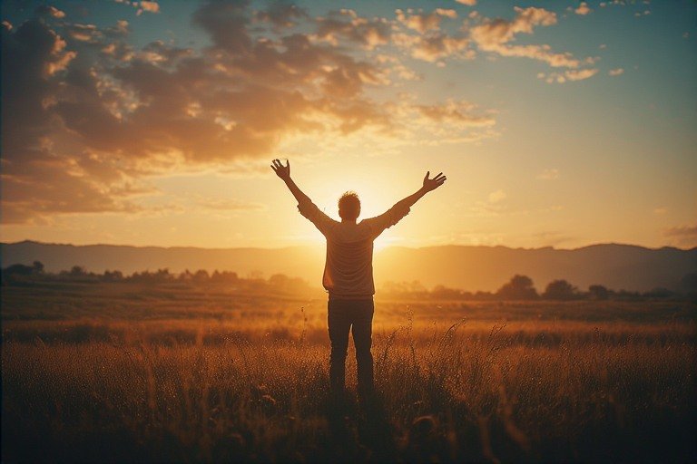 A person standing outside with arms raised toward the sky in worship