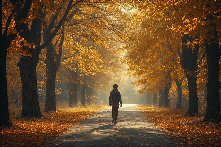A person walking alone on a quiet path through golden trees in autumn