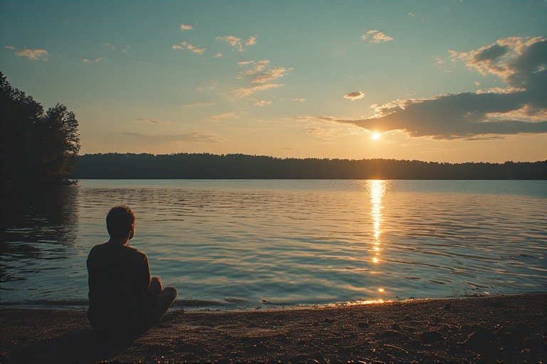 A sunrise over a calm lake golden light reflecting on the water