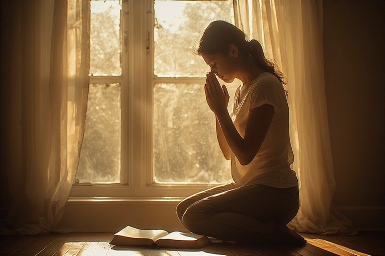 A woman kneeling in prayer at sunrise near a large window