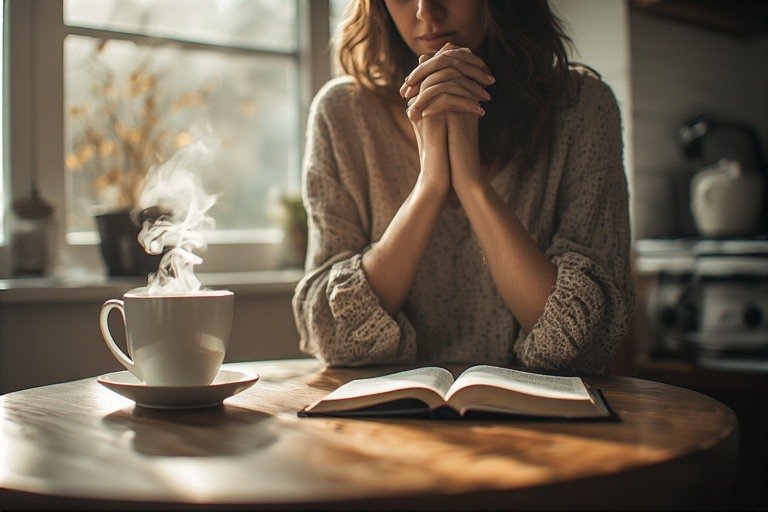 A-woman-praying-at-a-kitchen-table-in-early-morning-light