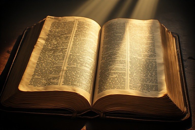 An ancient open Bible with golden pages