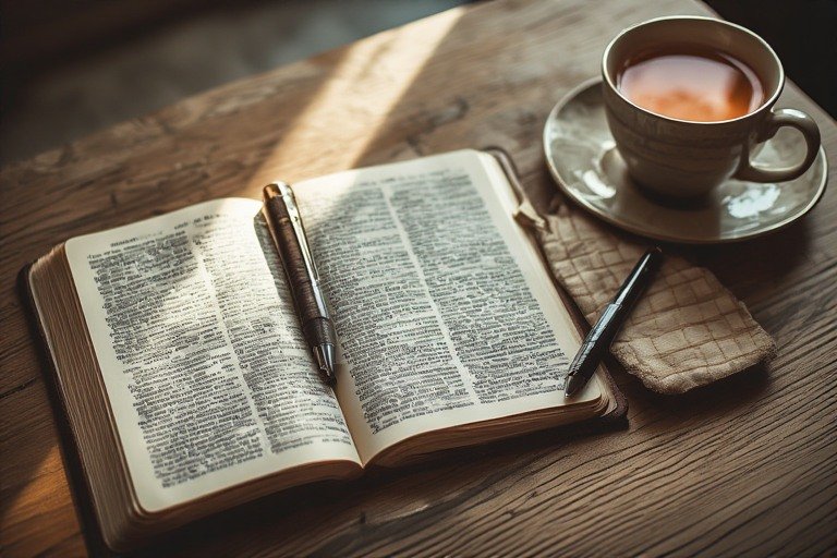 An open Bible on a wooden table with soft morning light