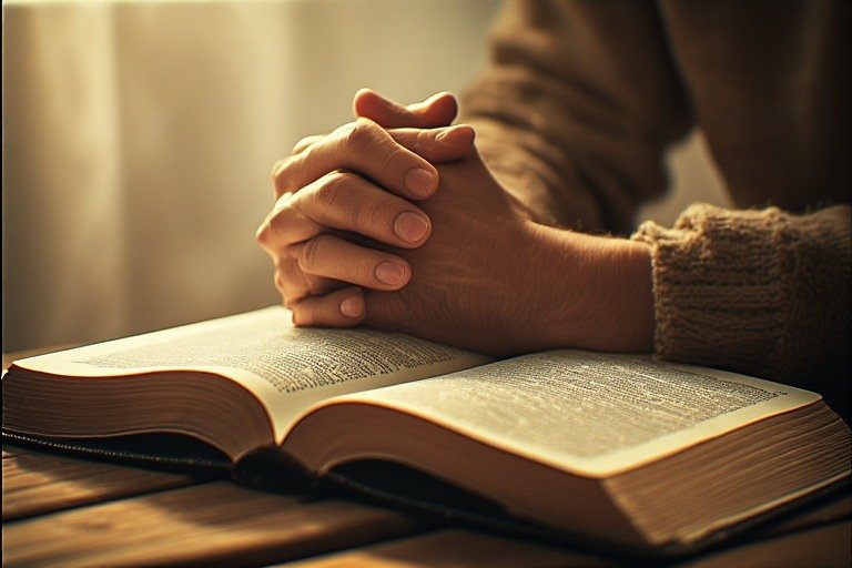 An open Bible with a person's hands resting on it in prayer