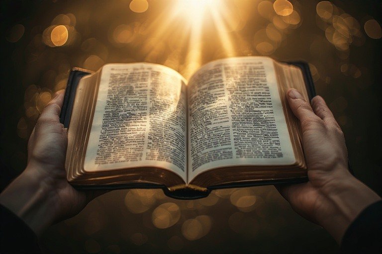 IMAGE PROMPT 2: Hands holding an open Bible with a beam of golden light falling