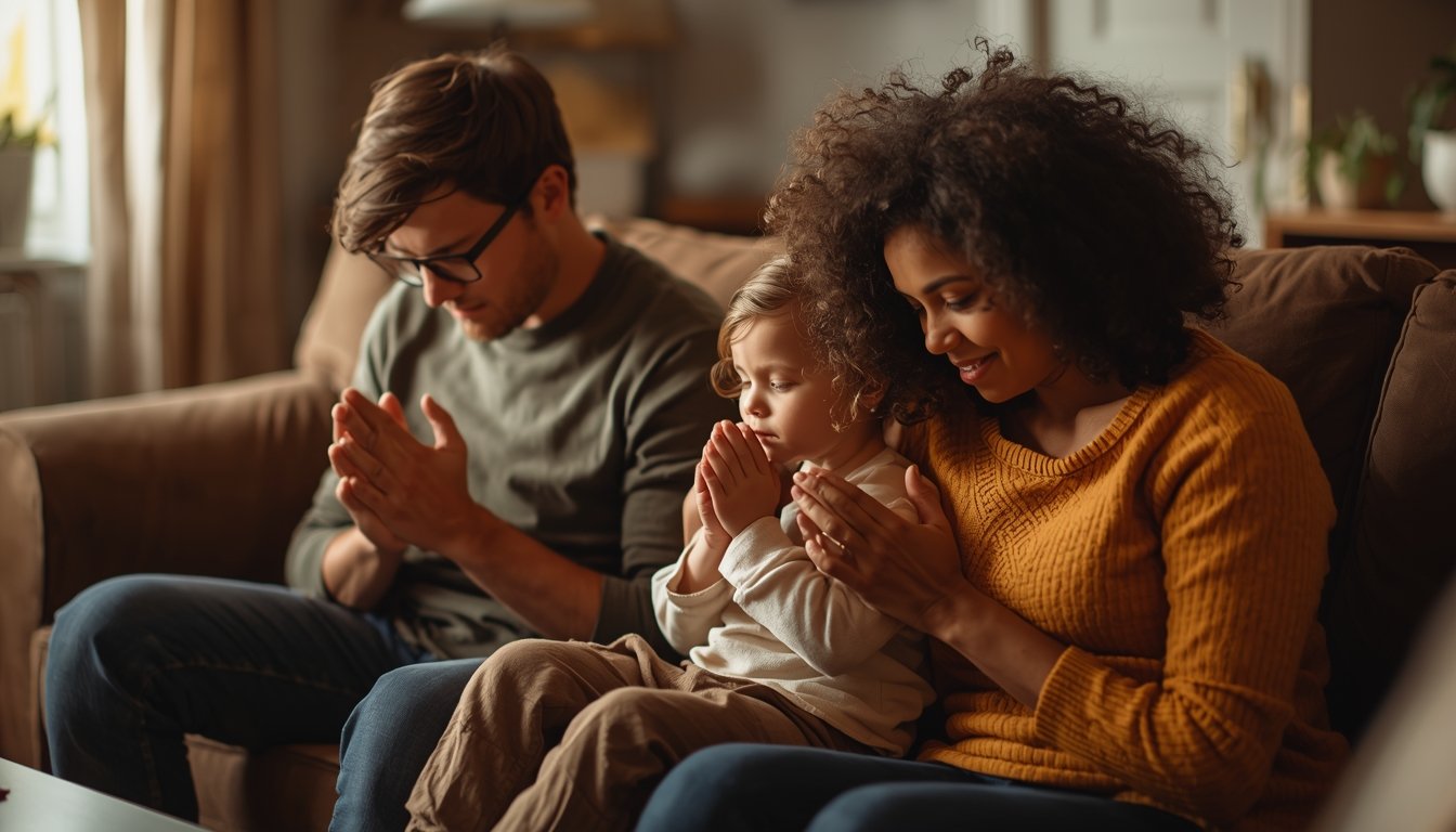 A family of 3 sitting and praying together in their living room,