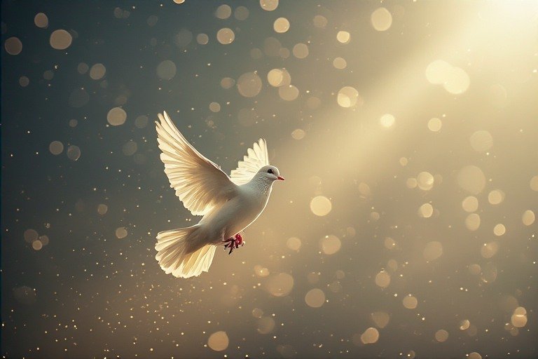 A white dove descending in a beam of golden light from an open sky