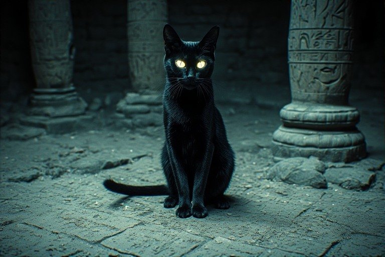 A sleek black cat sitting in darkness with glowing eyes