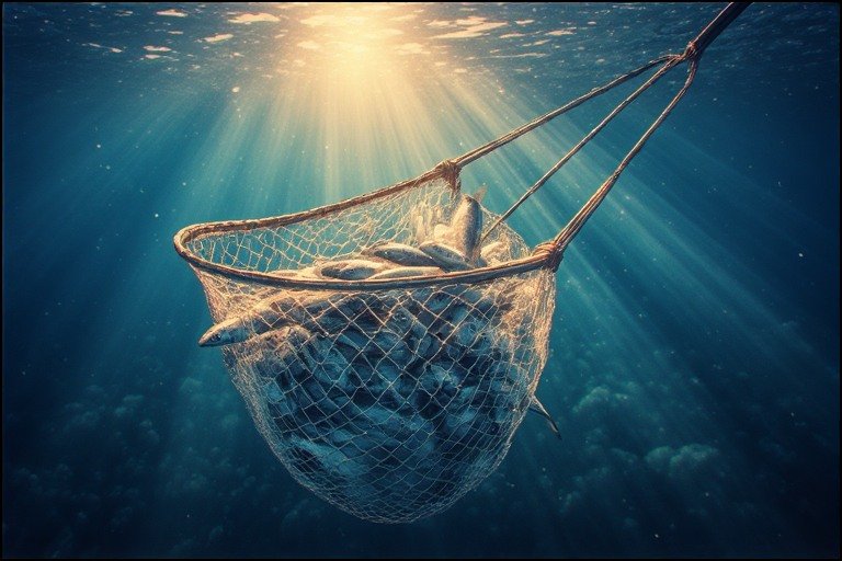 A glowing net full of fish being pulled from water at golden hour