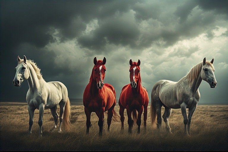 Four horses in different colors standing together in a stormy prophetic landscape