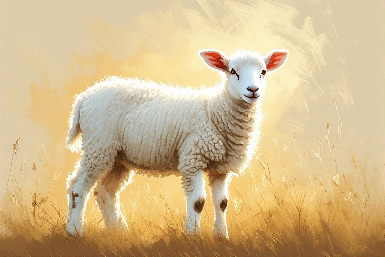 A pure white lamb standing in a field of soft golden light