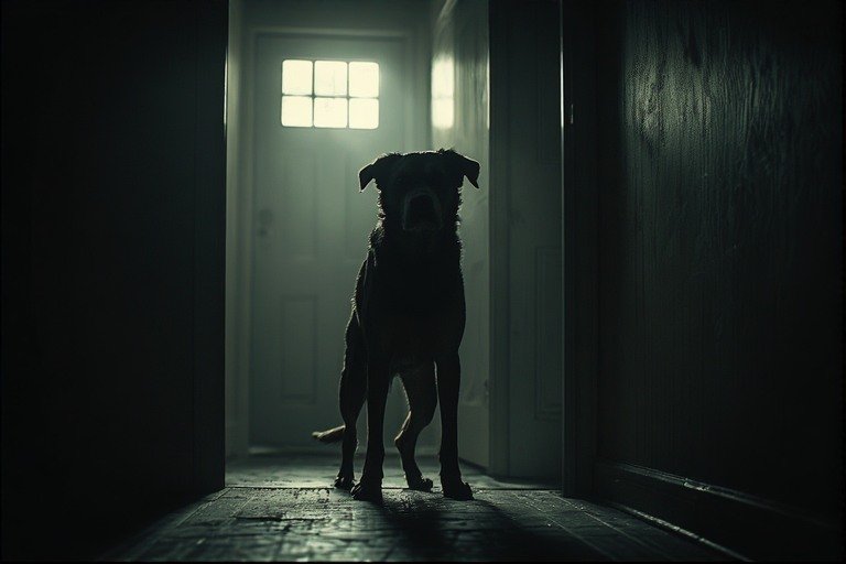 A large powerful dog standing at a doorway in darkness