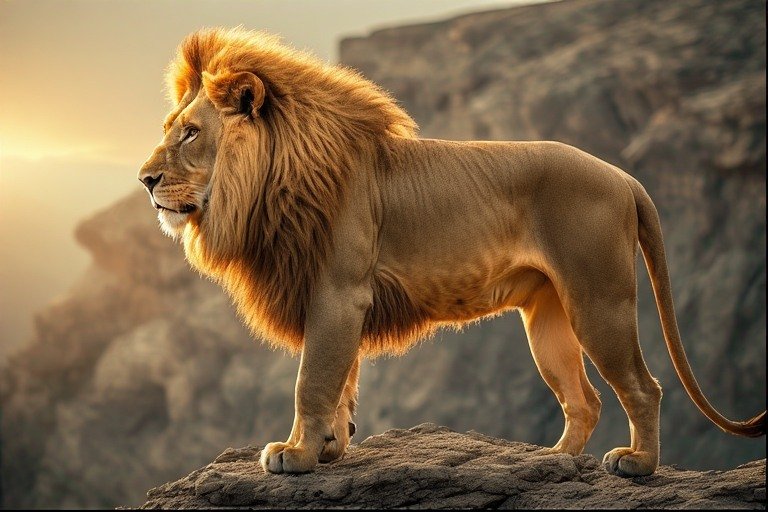 A majestic golden lion standing on a rocky cliff at sunrise