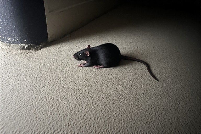 A dark shadowy rat in the corner of a dimly lit room