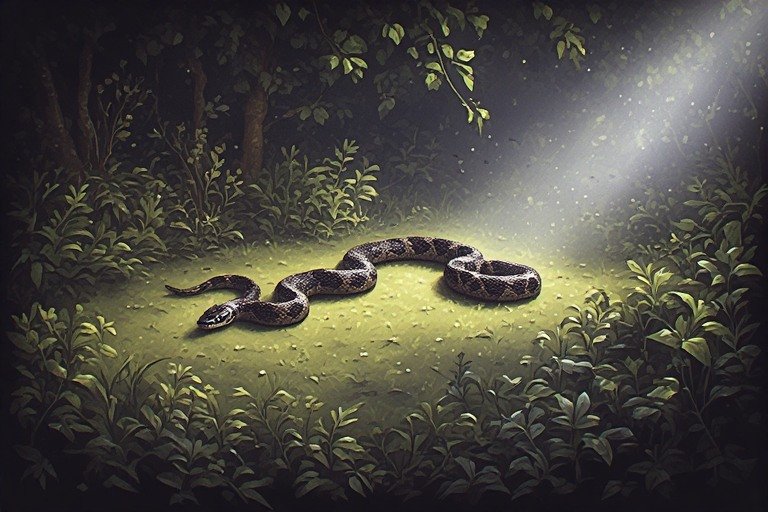 A coiled serpent on the ground with a single beam of light cutting through darkness